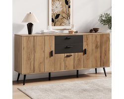 KOMHTOM Dressoir - Zwart en Houtkleur - Modern - 2 Lades en 3 Deuren - Sideboard voor Woonkamer, Eetkamer en Keuken - 140x35x67 cm - Commode met Groot Werkblad - Industrieel Design - MDF - Opbergkast