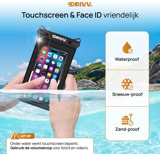 Zwarte waterdichte telefoonhoes in water, met tekst "Touchscreen & Face ID vriendelijk".