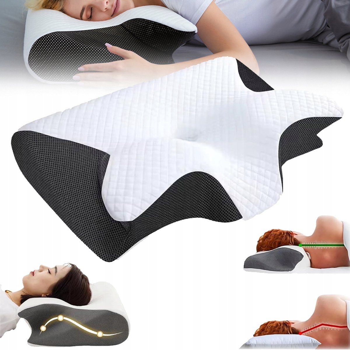 Vlinderachtig Kussen Van Traagschuim Met Langzame Terugvering - Volgt De Fysiologische Kromming Van De Nekwervelkolom Ergonomische Vorm - Geschikt Voor Zij- Rug- En Buikslapers Verlicht Schouderklachten - Wit & Zwart