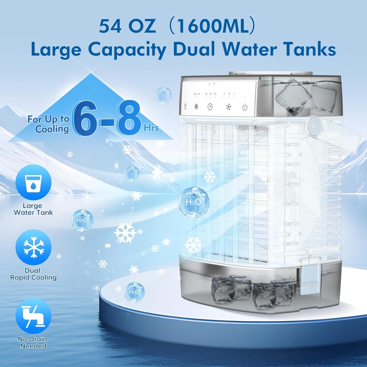Aircooler 4-in-1 ventilator - Airco - Mobiele airco - Draagbare airconditioner – 3 snelheden & 3 standen – 2-8 uur timer – 7 kleurenverlichting – AC-unit met 1000 ml watertank – voor slaapkamer, kantoor, thuis en op de camping thumbnail 6