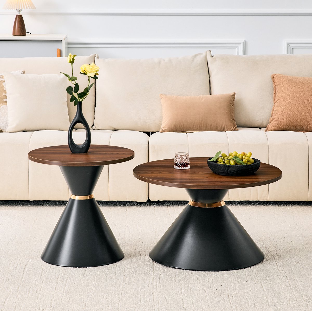 MIVRAY Salontafel Set - Ronde Tafels In Walnootlook Met Zwarte Metalen Conische Voet - Voor Woonkamer Slaapkamer En Kantoor