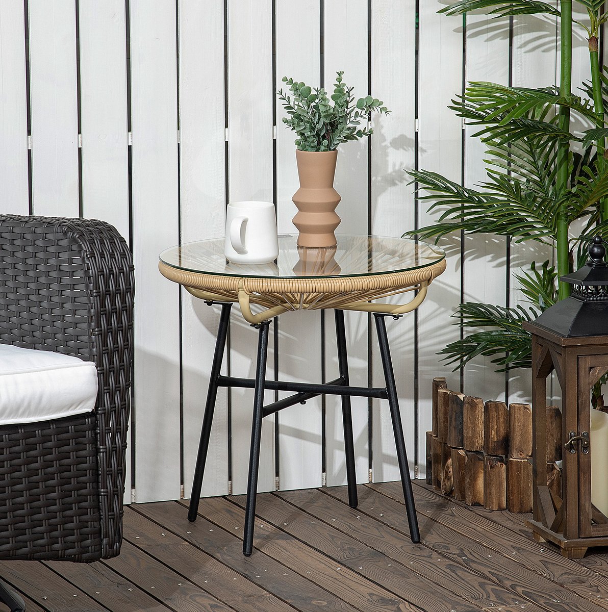 MEUNIQ bistrotafel rond 50 cm met gehard glazen tafelblad en PE-rattan rand, tuintafel en bijzettafel voor balkon of terras, beige