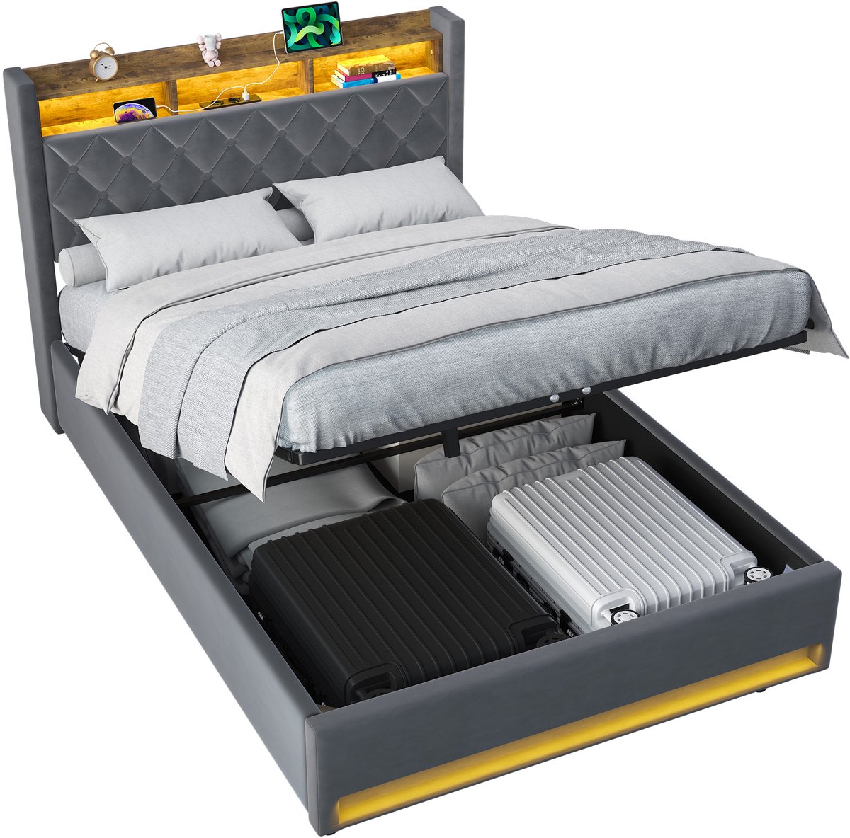 MODFU Tweepersoonsbed met LED-hoofdbord 140x190 cm – Meerkleurig & instelbaar – Hoog frame met opbergruimte – Fluweel grijs – Incl. lattenbodem