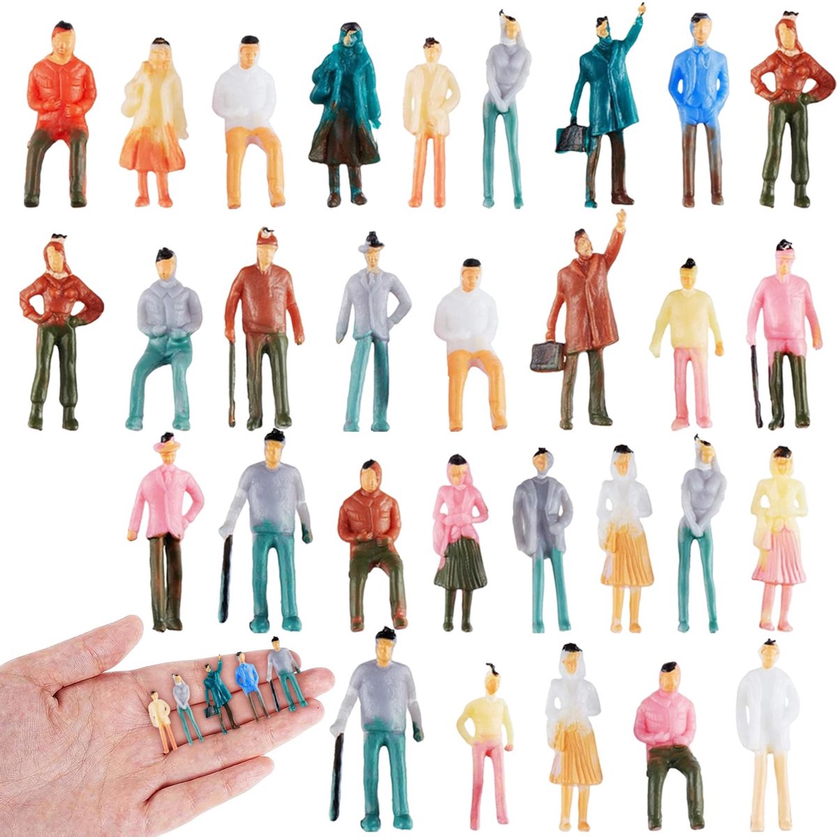 30 Stuks Miniatuurfiguurtjes 1:75 Plastic Minifiguurtjes Zittend en Staand voor Diorama's, Modeltreinen en Architectuur