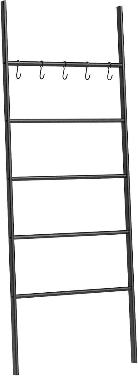 Handdoekenrek en Kledinghaak met 5 Verstelbare Haken, Decoratieve Ladder voor Badkamer, Stabiel Metaal, 58 x 177 cm, Eenvoudig te Monteren, Zwart