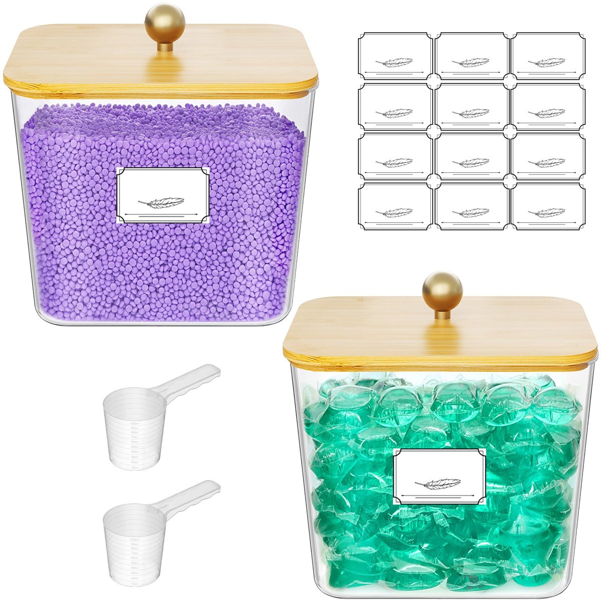 Wasmiddelcontainers, Doorzichtige Wasmiddeldispenser voor Wasmiddel Capsules/Poeder/Tabletten, Container Opslag en Organisatie in de Keuken met Houten Deksels en Labels, Natuurlijk, Set van 2