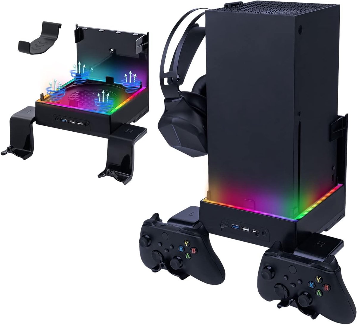 Xbox Series X wandmontage met koelventilator, RGB LED koelsystemen, USB-poorten en controllerhouders voor optimale prestaties.
