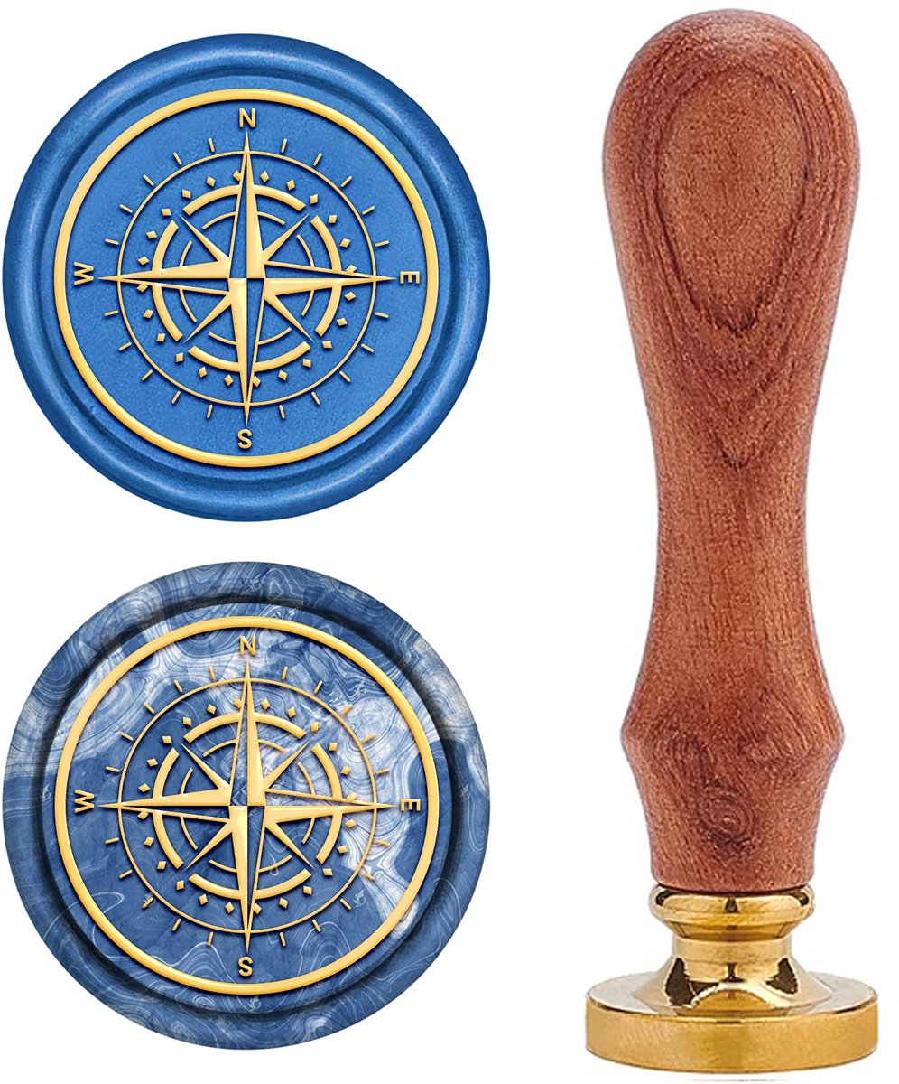 craspire Kompas Wax Seal Stempel, Zegel Wax Stempel, Retrohouten stempel, Wax Seal, 25 mm, afneembare messing afdichting, houten handvat, voor envelop, uitnodigingen, bruiloft, decoratie, fles
