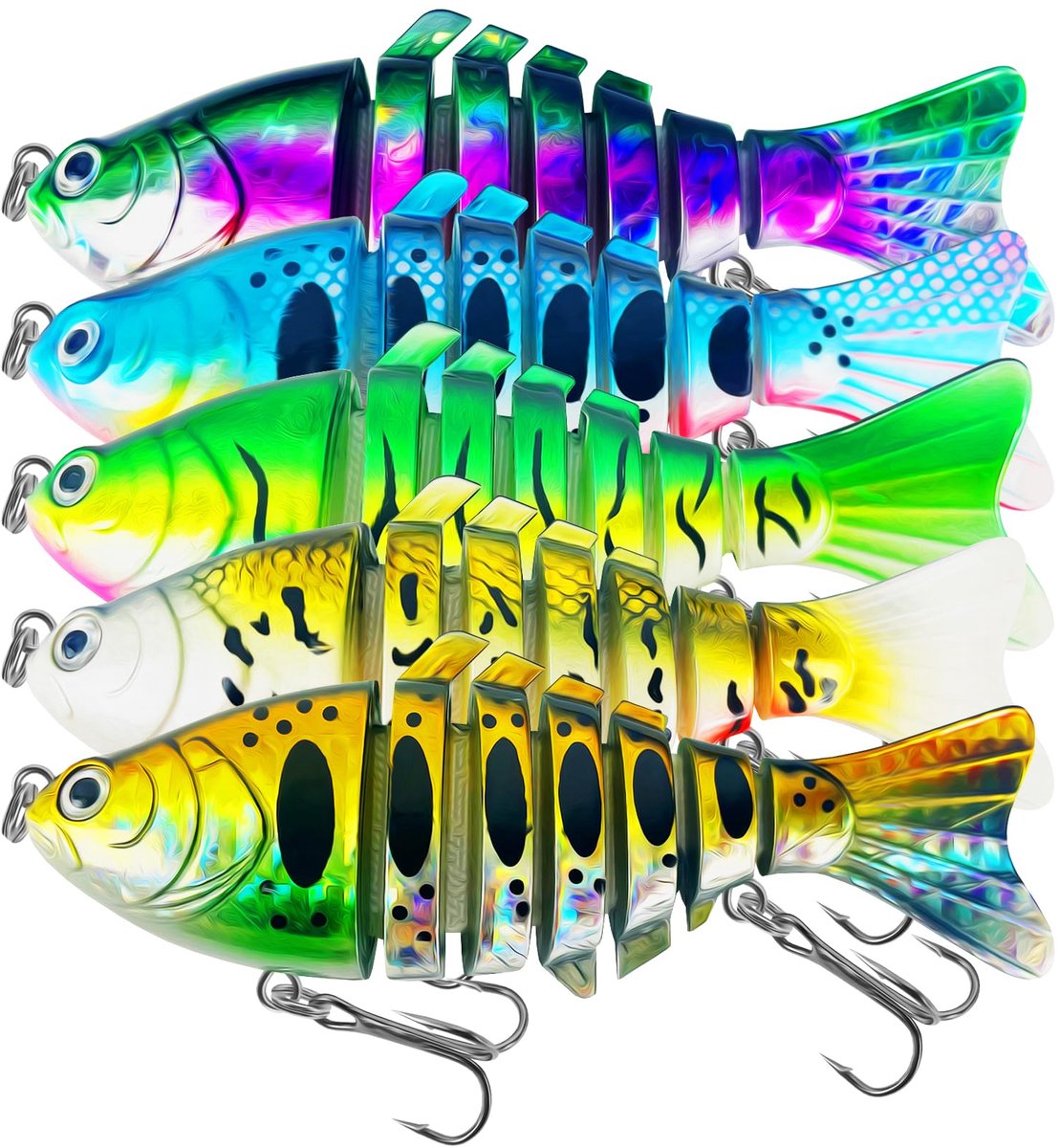 Crankbait Visaas, 5 stuks, segmentbaits visaas, set vissen, wobbler snoekaas, snoekbaars, hengelaccessoires, levensecht kunstaas voor zoet water, zout water, een set