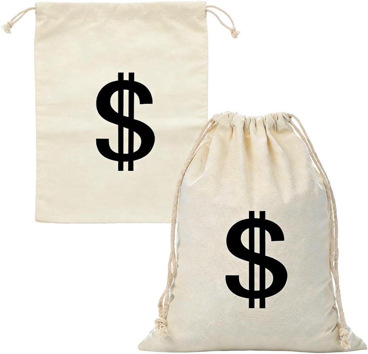 Canvas Geldzakken met Dollar Symbool - 2 Stuks, 28x40 cm, Perfect voor Carnaval en Themafeesten, Accessoire voor Volwassenen en Kinderen