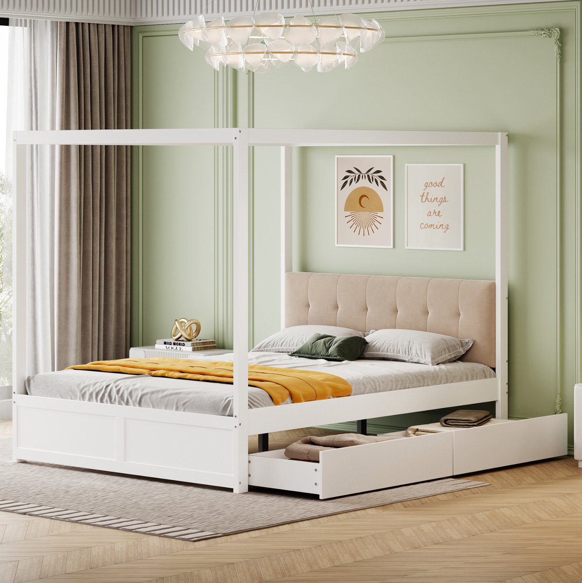 MEUNIQ Hemelbed 140x200 cm met 2 bedlades, gestoffeerd hoofdbord, lattenbodem en witte afwerking, bedframe voor kinderkamer