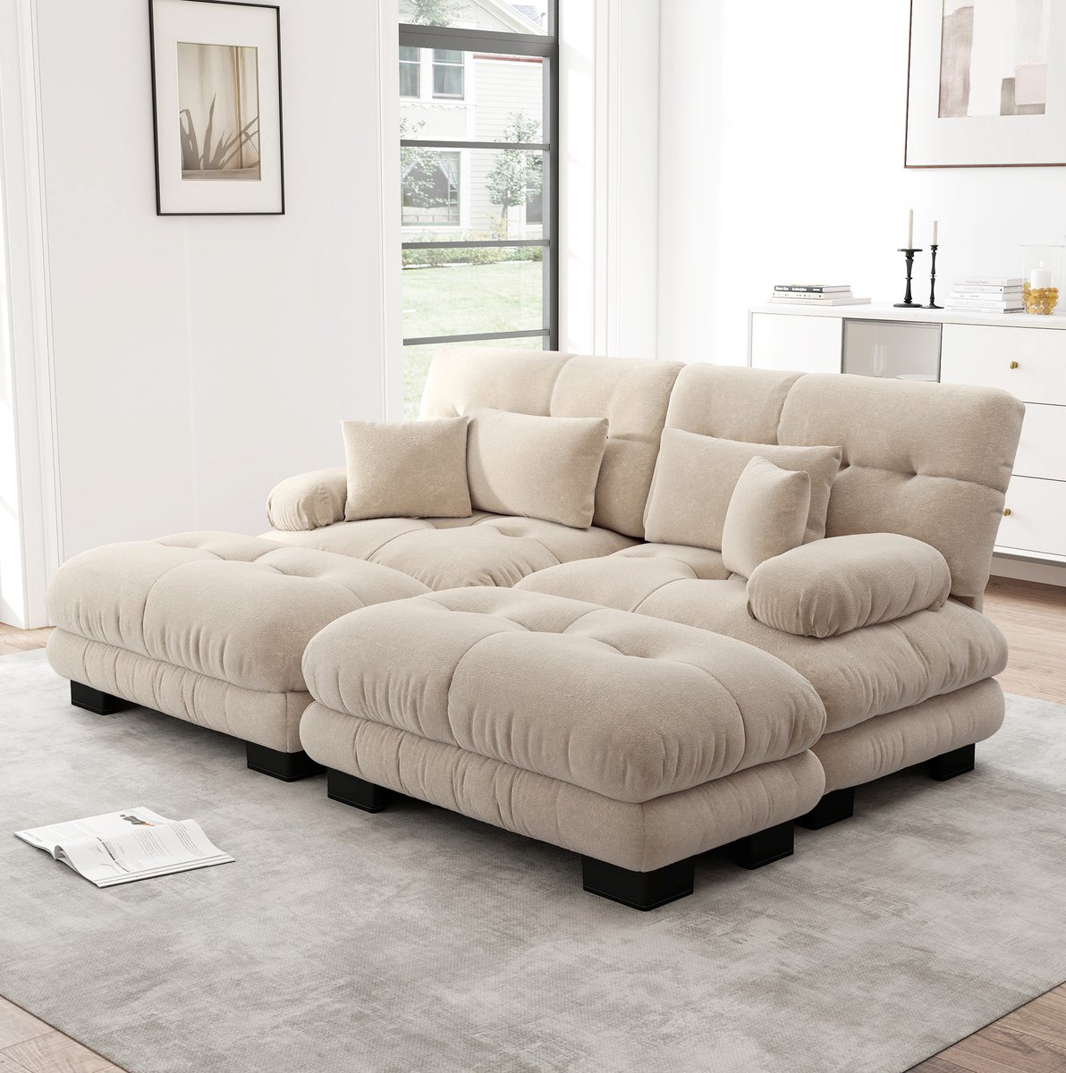 MIVRAY Hoekbank 220 x 145 cm - Modulaire Cloud Bank Met 2 Ottomans En Kussens - Voor Woonkamer Of Kantoor - Chenille Lichtkoffie
