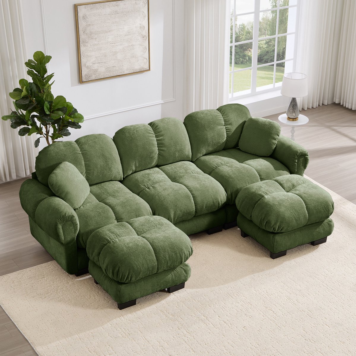 FloraGrace U-bank - 3-Zits Cloud Sofa Met Mobiele Ottomaan - Gestikte Dikke Zitkussens & 2 Sierkussens - Voor Woonkamer - Chenille - Groen