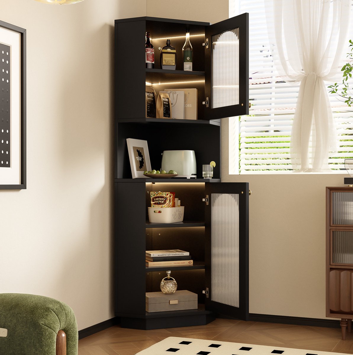 MEUNIQ badkamerkast hoekkast 45 x 45 x 166,5 cm met verlichting, verstelbare planken, open