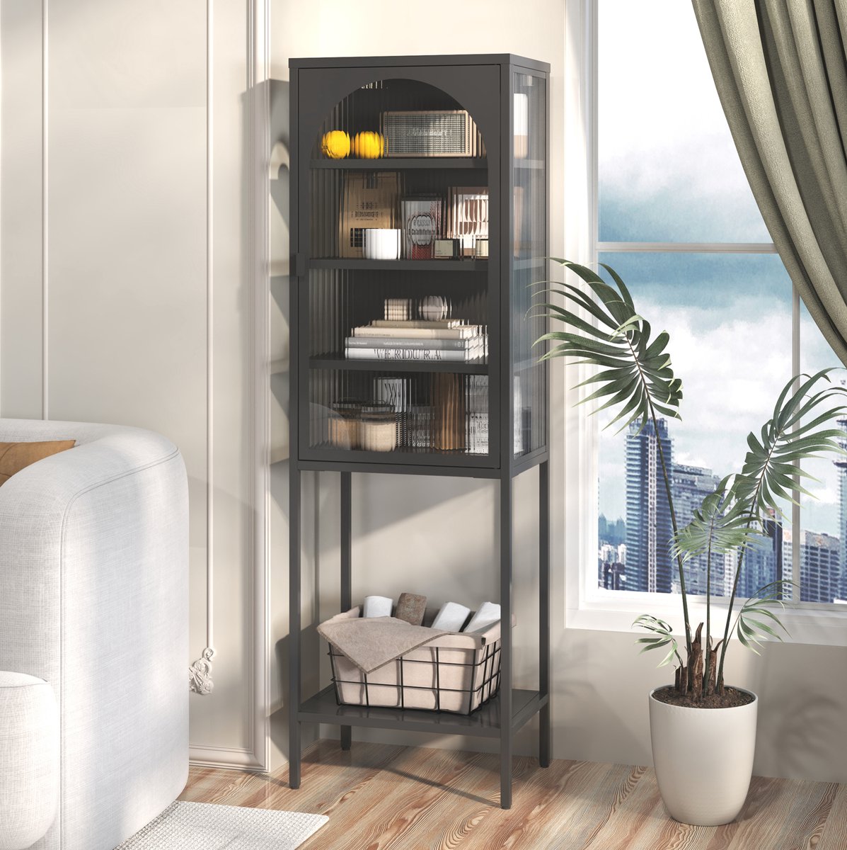 MEUNIQ metalen vitrinekast 160 x 50 x 35 cm met glasdeur, 3 verstelbare planken, opbergkast en boekenkast met open vakken voor woonkamer, keuken of thuiskantoor, zwart