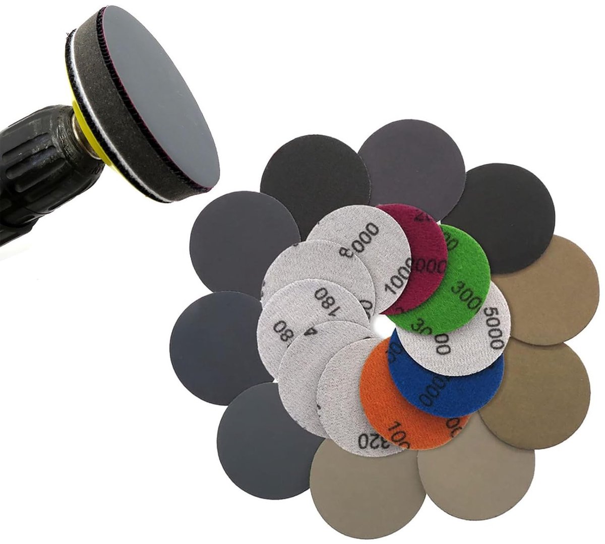 50 Stuks Schuurpapier Tape, Ronde Schuurdiscs en Nat Schuurpapier Set voor Auto, Metaal en Hout - 75mm Schuurpads met Diverse Korrelgroottes 600 tot 5000