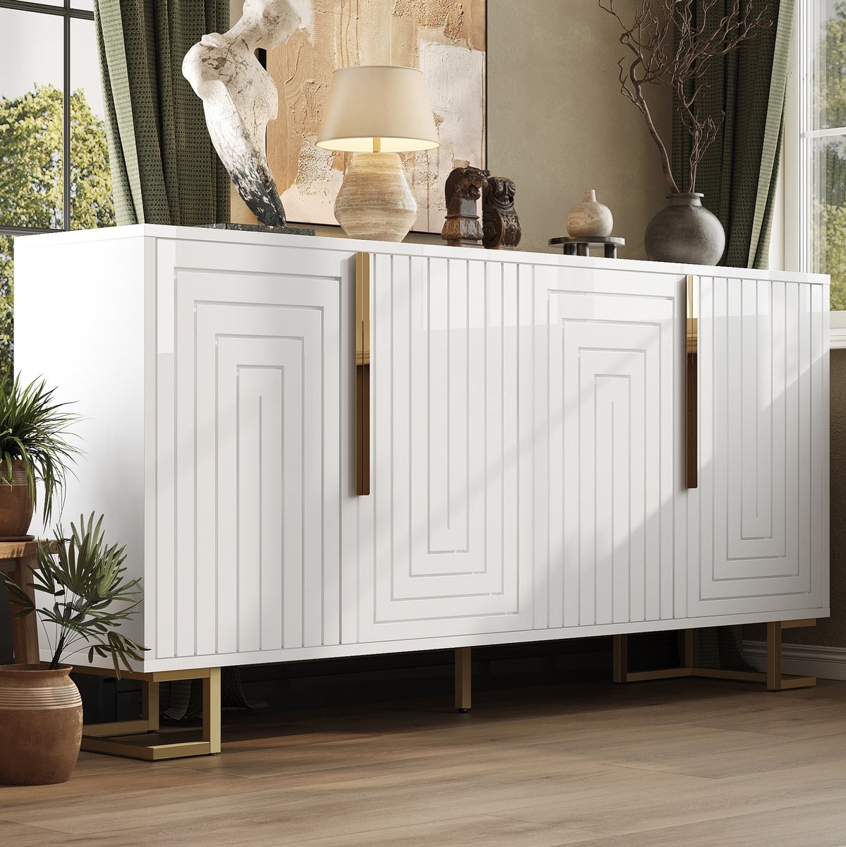 MEUNIQ dressoir 152 x 40 x 75 cm met 2 deuren en 4 vakken, geometrisch front, gouden handgrepen en metalen poten, opbergkast voor eetkamer of woonkamer