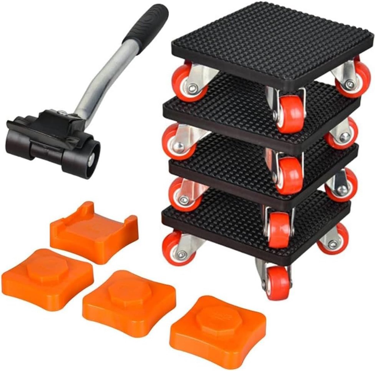 Complete set van 4 meubeltransportrollers met verlengstang en 360 graden rotatie, ideaal voor het verplaatsen van zware meubels en als hulpmiddel voor verhuizingen.