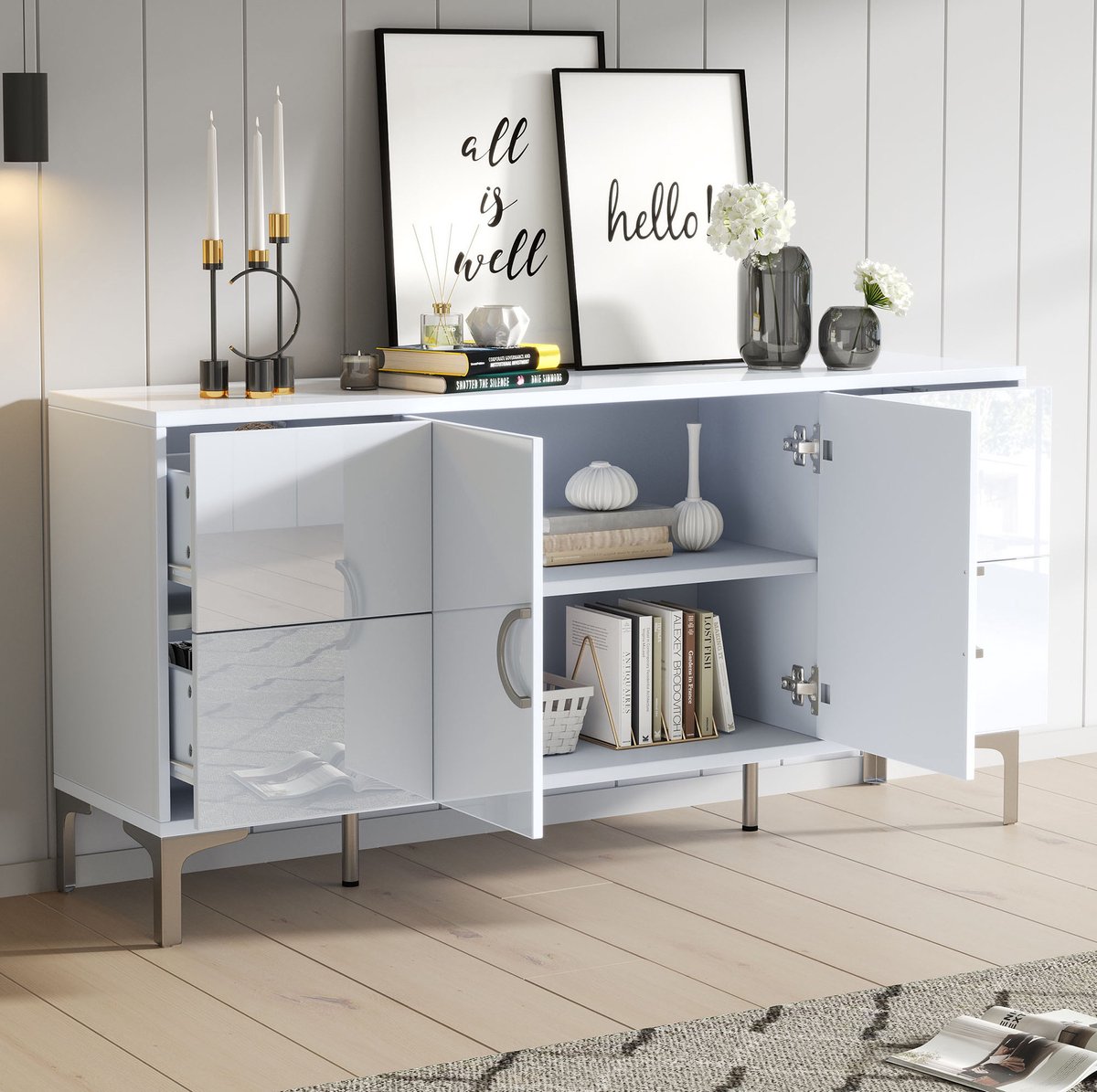 MEUNIQ dressoir 150 x 38 x 59,5 cm met 4 laden en 2 deuren, greeploos sideboard voor woonkamer, eetkamer of hal, hoogglans wit met metalen poten