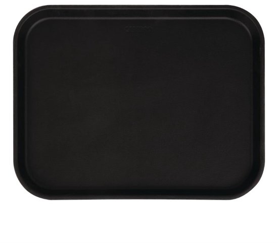Een zwart, rechthoekig Cambro dienblad met afgeronde hoeken, van bovenaf gefotografeerd.