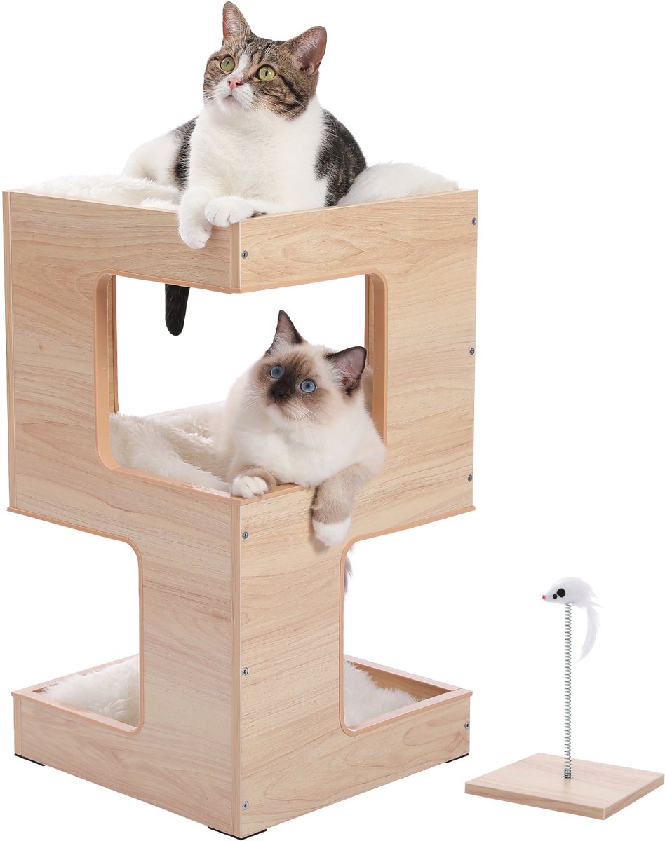 QUESTYR - Nachtkastje & Kattenhuisje In Een - Houtlook - Modern - Krabplank & Speelbal - Voor Kleine En Grote Katten - Hout