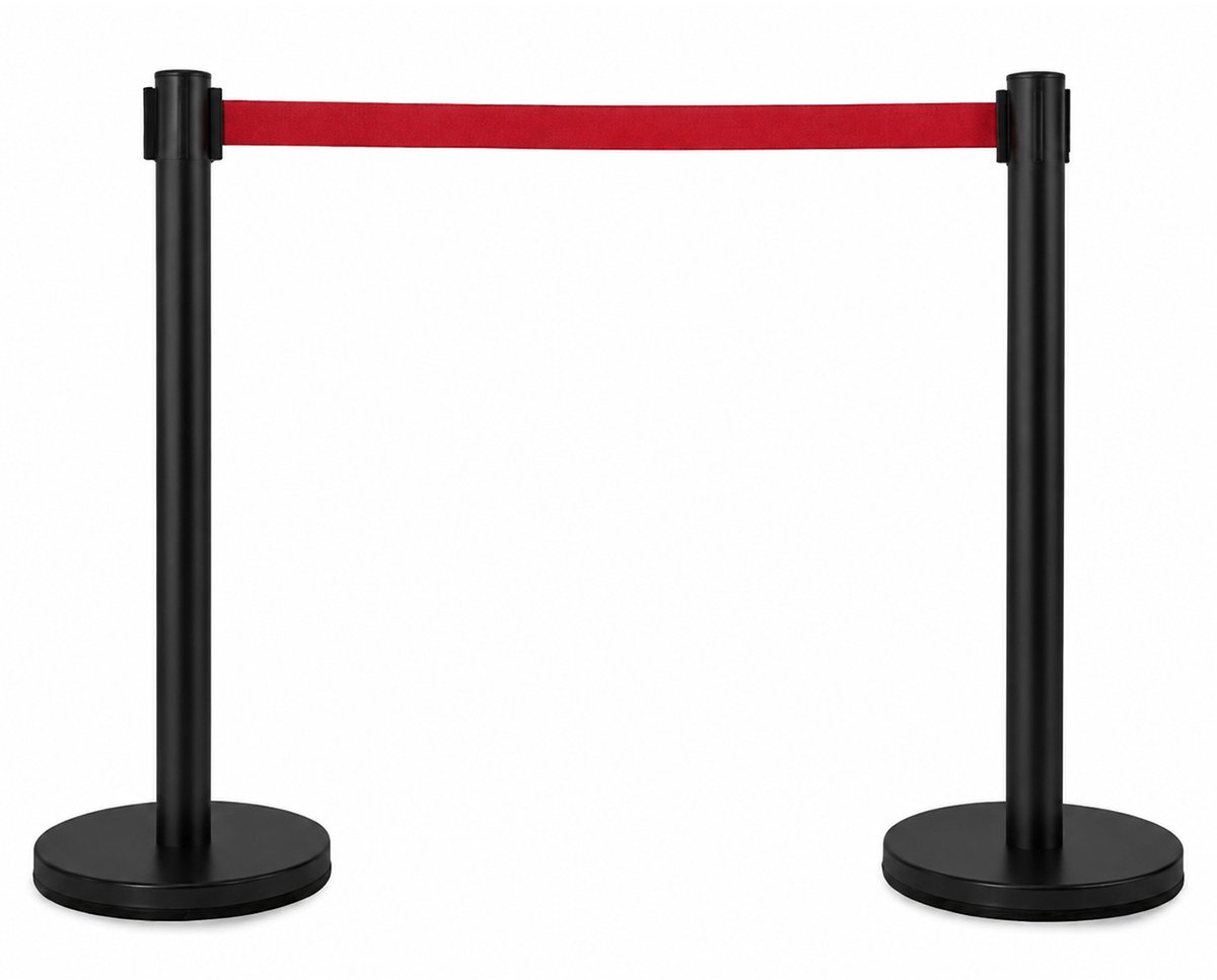 Mexxo Afzetpalen met trekband - Set van 2 - Zwart - Rood uittrekbaar afzetlint - 2 m per paal