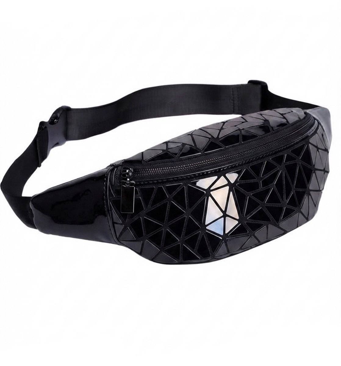 KIMU® Heuptas Zwart Geometrische Lijnen - Zwarte Fanny Pack Tasje - Brons Glitter Lak Hoogglans Heuptasje Antraciet Cyber Festival