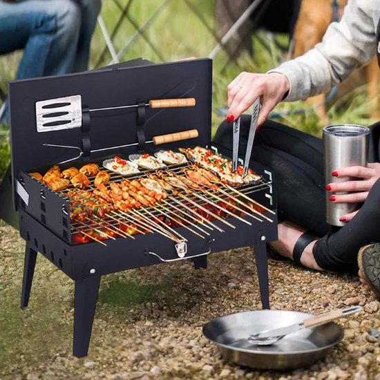 Buiten BBQ Grill - Opvouwbare BBQ Grill - Houtskool BBQ Grill - Inclusief BBQ Gereedschapsset - Draagbare BBQ Grill - Geschikt voor kamperen, buitenactiviteiten of vakanties - Roestvrij staal - Familiefeesten - Zwart — afbeelding 2