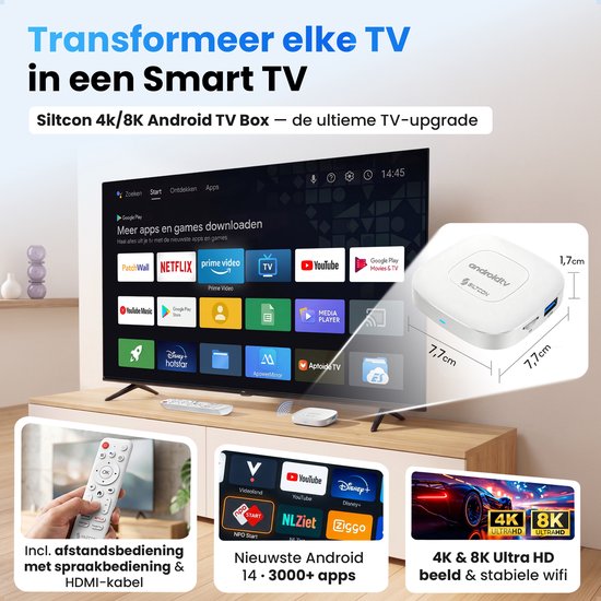 Transformeer elke tv in een smart tv met de Siltcon 4K/8K Android TV Box met afstandsbediening.