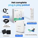 Complete Siltcon Android TV Box 8K set met afstandsbediening, HDMI-kabel, USB-C kabel, klittenband en handleiding.