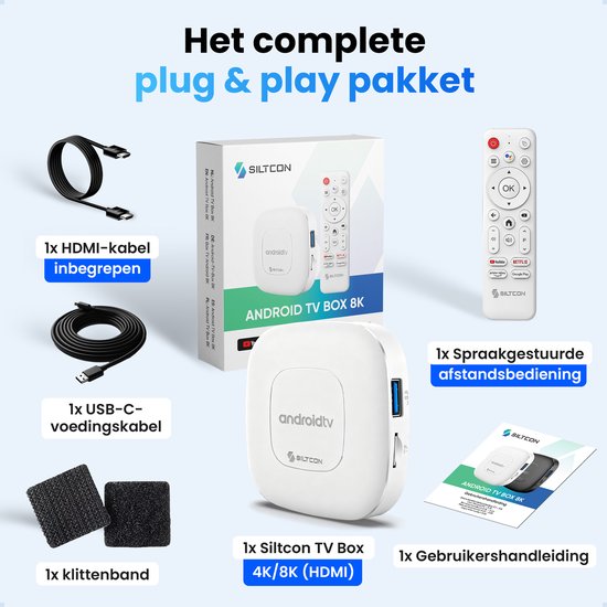 Complete Siltcon Android TV Box 8K set met afstandsbediening, HDMI-kabel, USB-C kabel, klittenband en handleiding.