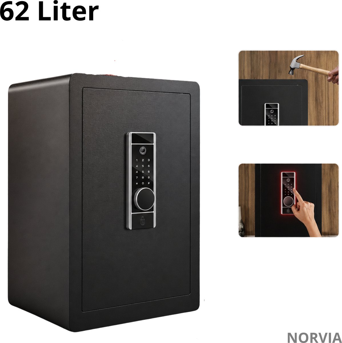 Norvia - Kluis - Brandwerende Kluis - Elektronische Kluis - Koolstofstaal - Vingerafdruk - Codeslot - 62 Liter - 40 x 33 x 60 cm