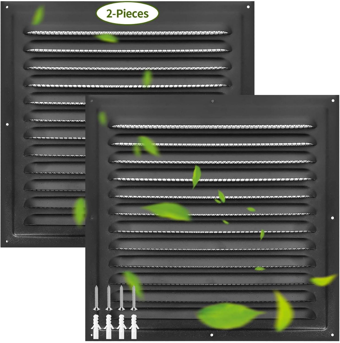 Ventilatierooster - 2 stuks -Zolder- en Muurroosters - 30 x 20 cm - Met Ingebouwd Insektenraster - Aluminium - Lamellenrooster - Voor Garagedeur, Zolder en Plafond- Zwart