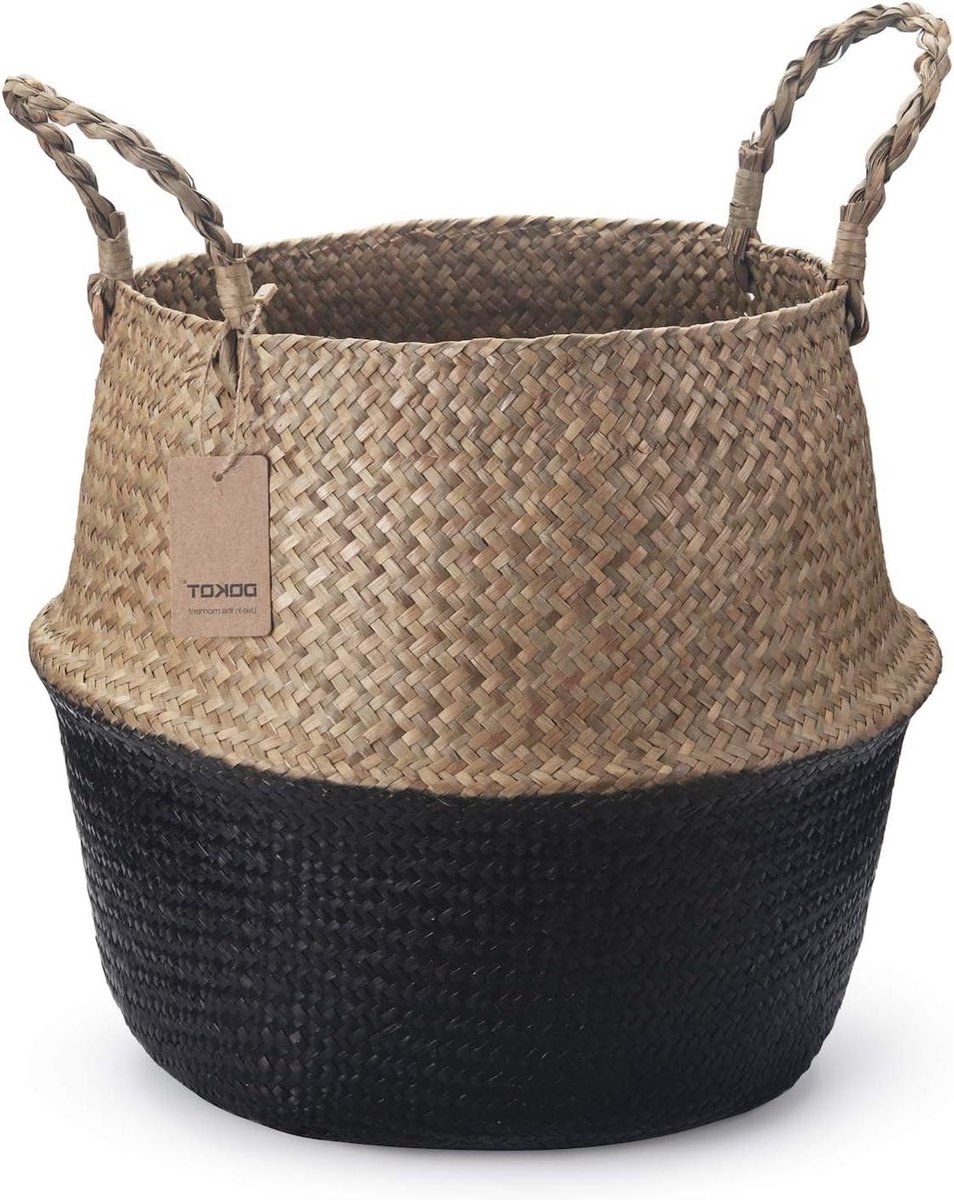 Geweven Plantenmand - Zeegras Buikmand - Decoratief Opbergen - Opvouwbaar Met Handgrepen - 22 X 20 cm - Natuurlijk Zwart