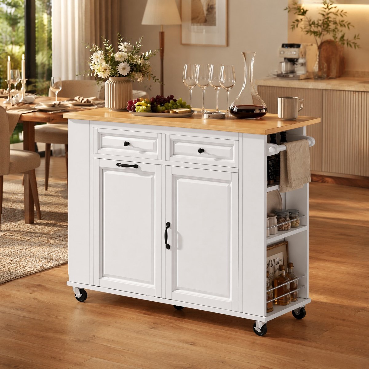 DESMIU Keukenkast - Keukeninsel Op Wielen Met Uitklapbaar Blad - Met Opbergruimte En Stopcontacten - MDF - Wit Naturel - 120x40-70x92 Cm