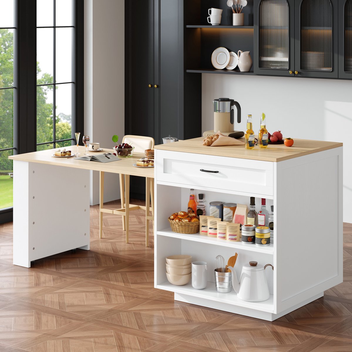 DESMIU Bartafel - Uitschuifbaar Met Opbergruimte En Lades - Voor Keuken En Eethoek - MDF - 133-202x70x93,5 Cm - Wit