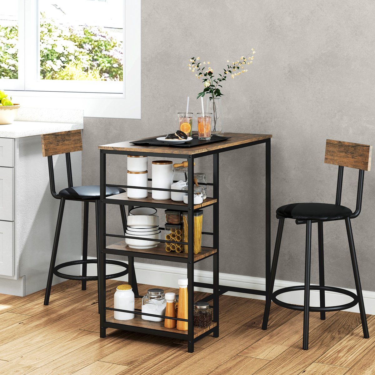 MEUNIQ bartafelset met 2 barkrukken 90 x 50 x 90,5 cm, 3-delige set met 3 zijplanken, stalen frame en tafel in eikenkleur, modern voor keuken en eetkamer