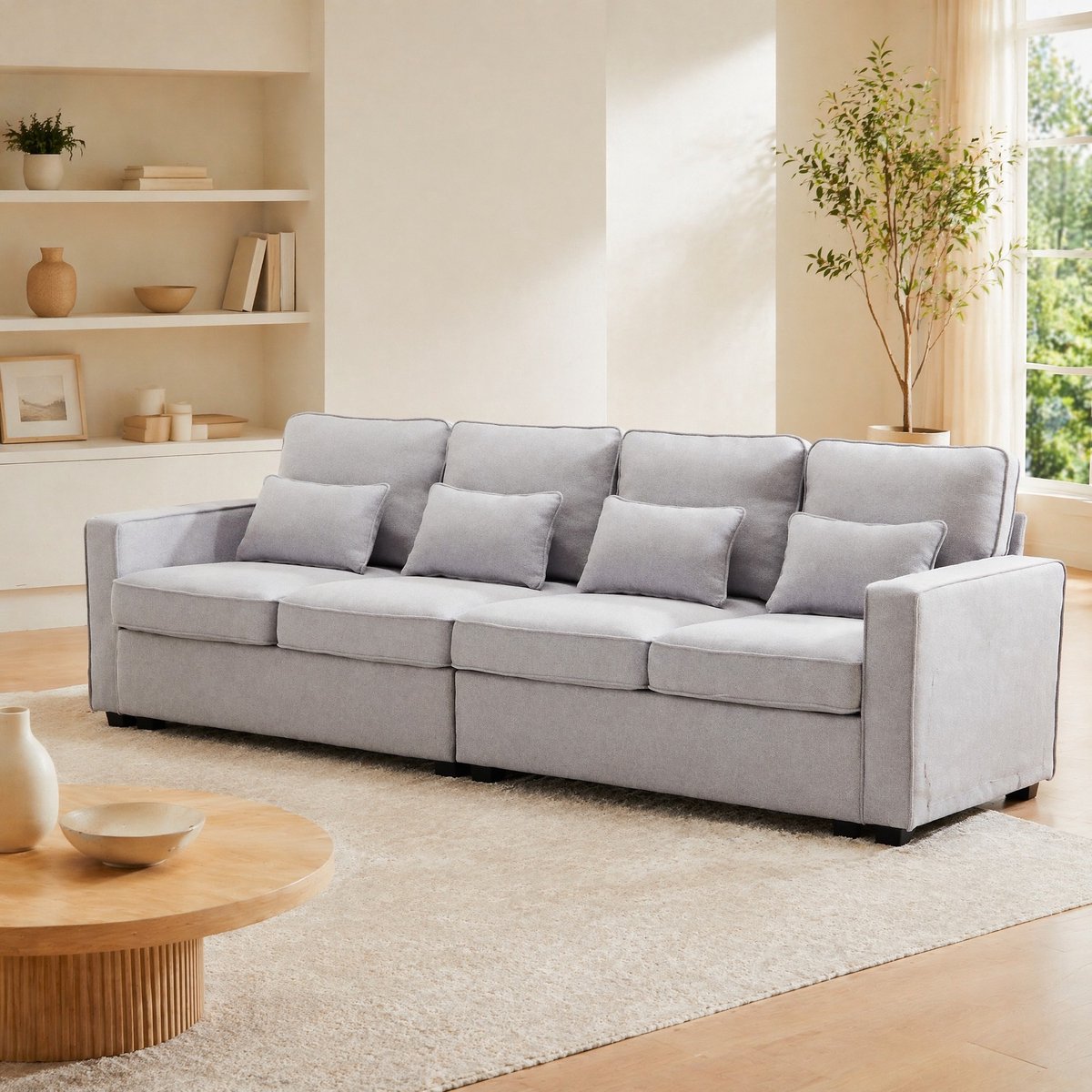 HAUSS SPOLE Zitbank - 4-Zits Sofa - Met Armleuningvakken En 4 Kussens - Hoge Rugleuning - Voor Woonkamer Appartement En Kantoor - Linnen Grijs