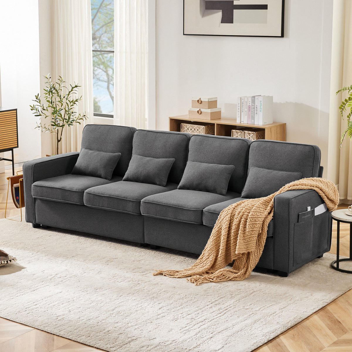 HAUSS SPOLE Zitbank - 4-Zits Sofa Met Armleuningvakken En 4 Kussens - Hoge Rugleuning Voor Woonkamer En Kantoor - Linnen Donkergrijs