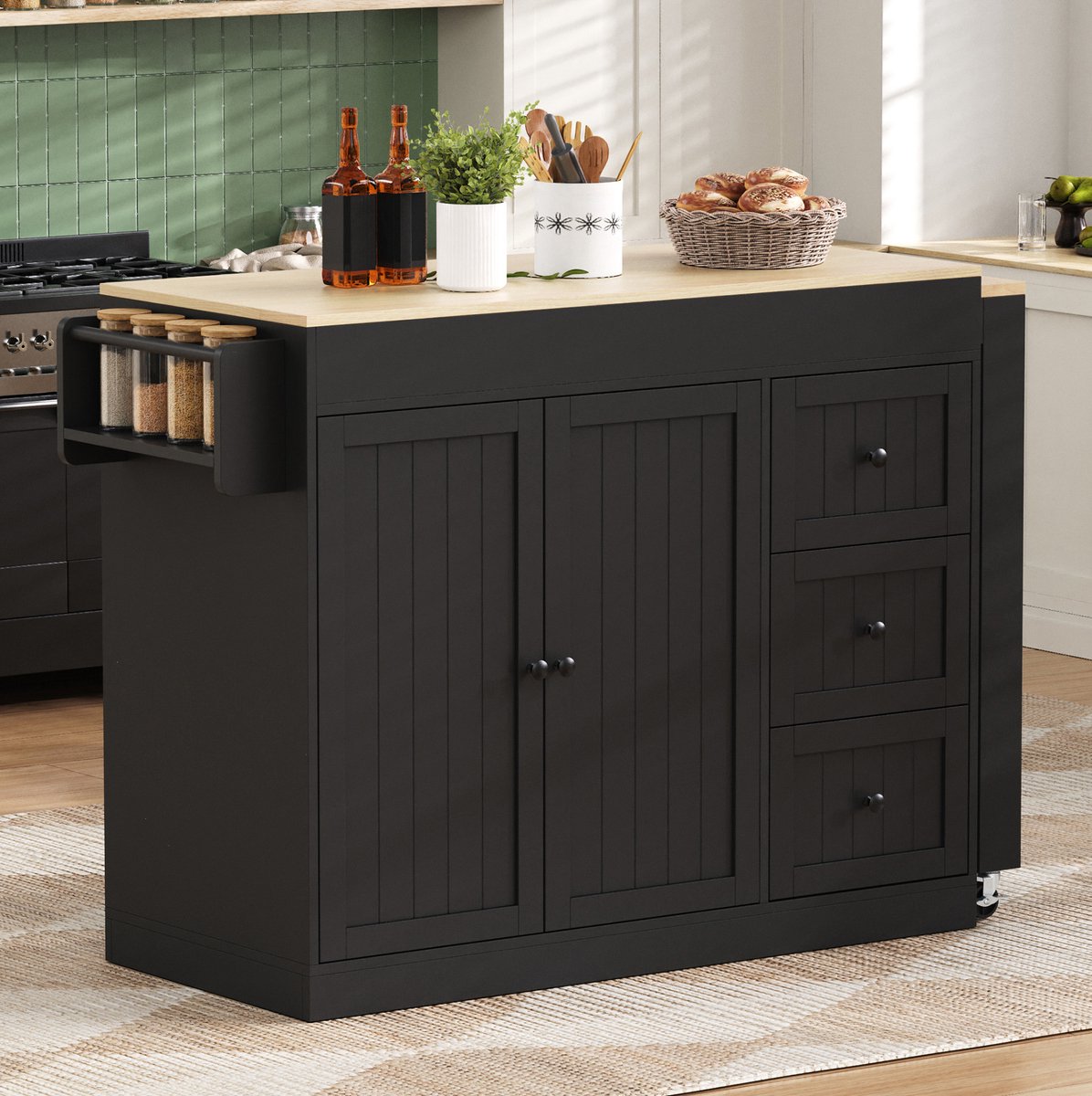 DESMIU Keukenkast - Uitschuifbaar Keukeneiland Op Wielen Met 3 Laden - Vrijstaand Voor Keuken En Eethoek - MDF - Zwart - 112-186,8x45x93 Cm