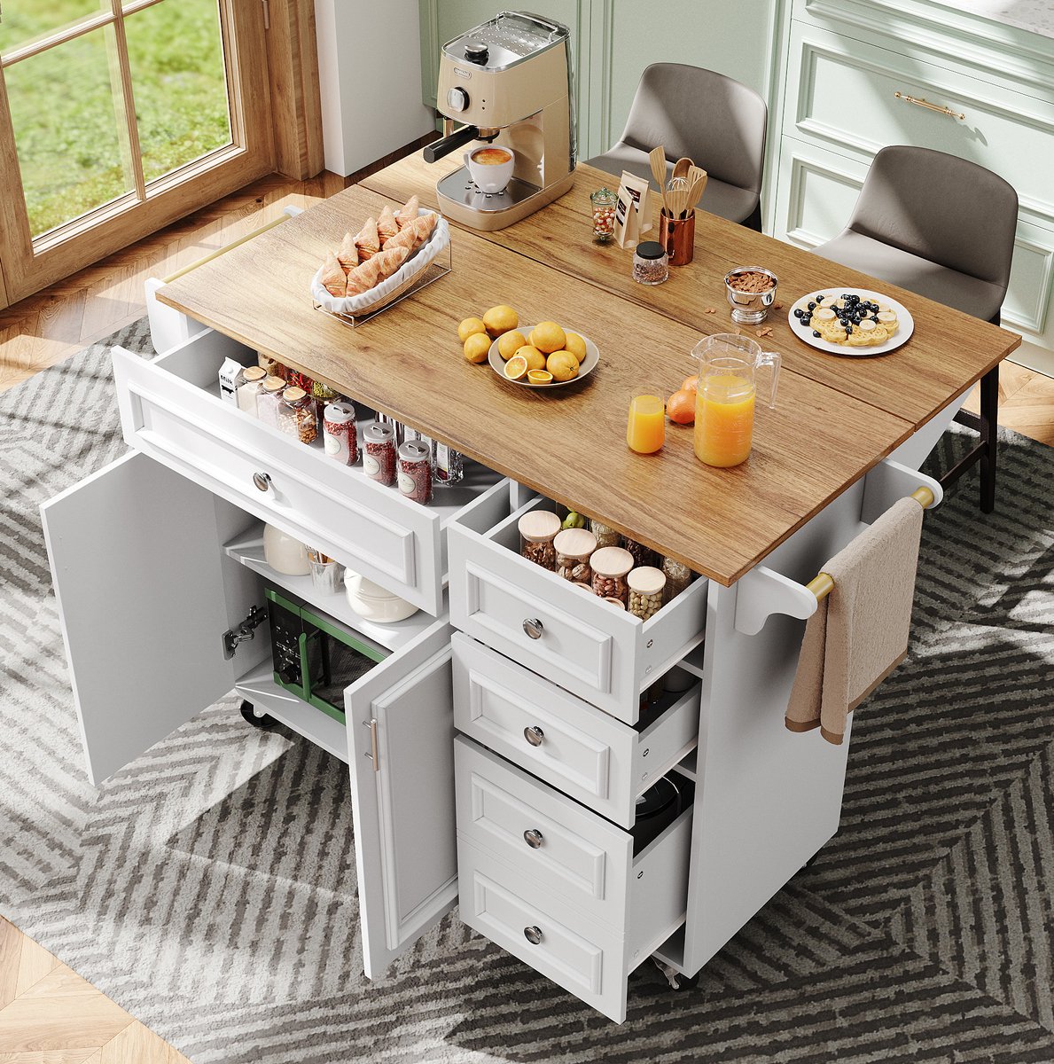 DESMIU Keukenkast - Opvouwbaar Keukeneiland Met Opbergruimte En Laden - Voor Keuken En Eethoek - MDF En Metaal - 110x45x92 Cm - Wit