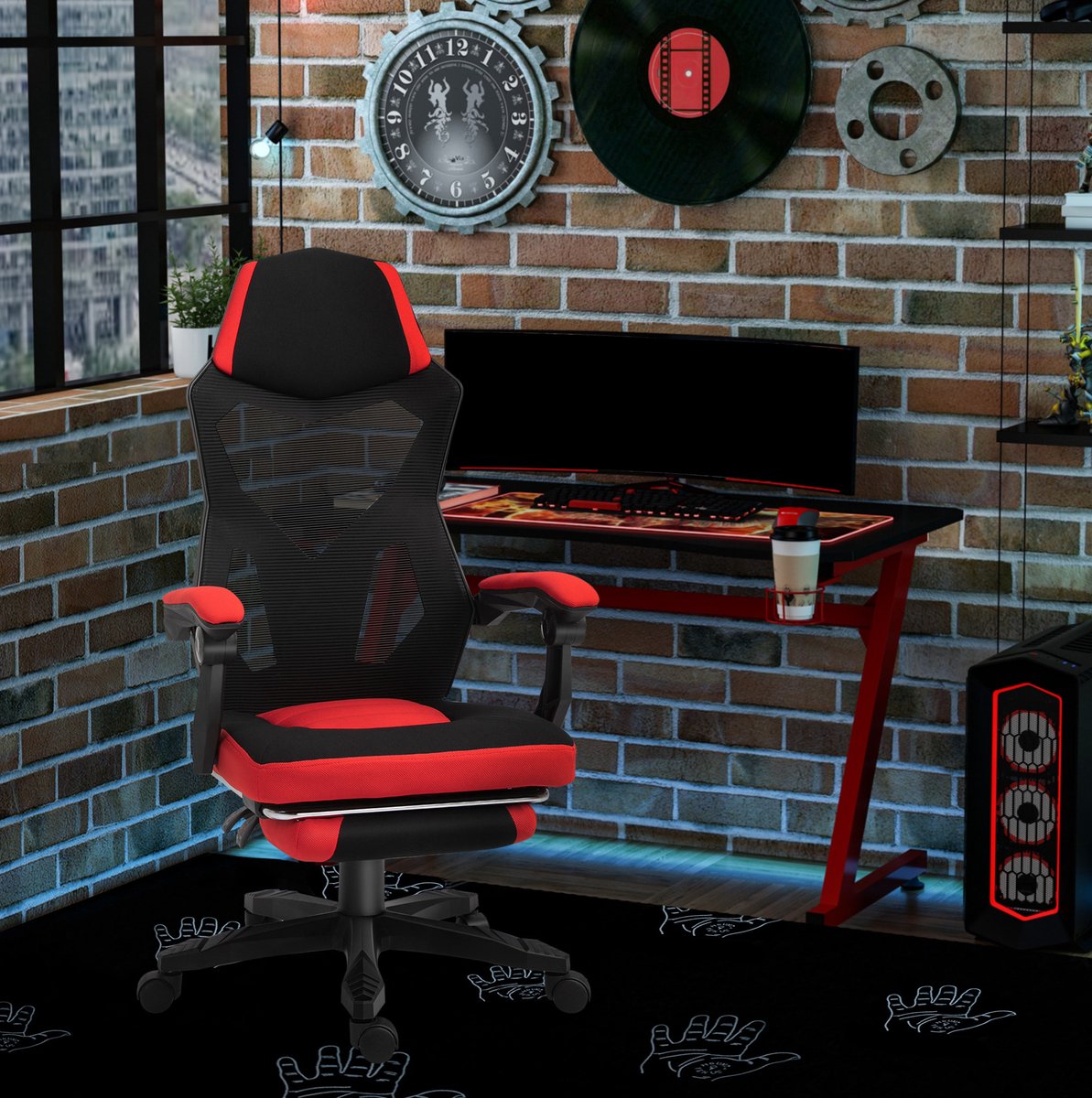 MEUNIQ gamingstoel ergonomische bureaustoel met voetsteun en 135 kantelbare rugleuning, hoogte verstelbaar, polyester, zwart rood, 58 x 63 x 112-122 cm