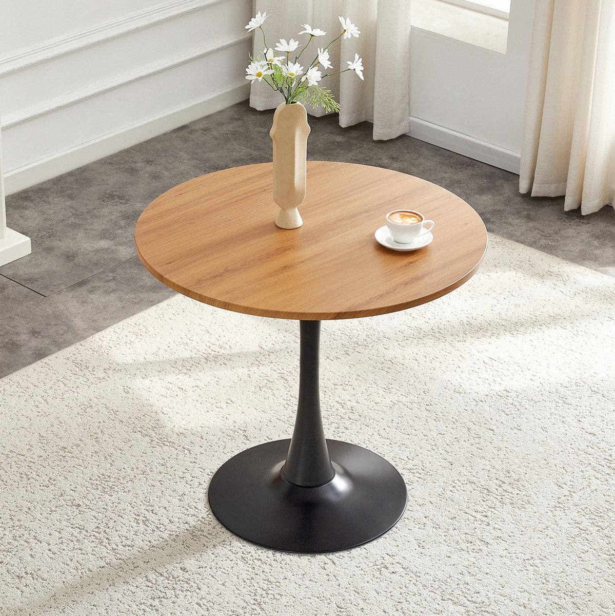 HAUSS SPOLE Eettafel - Ronde Tafel In Tulpenontwerp Met Metalen Voet - Voor Keuken En Woonkamer - MDF En Metaal - 80x80x76 Cm - Houtkleur