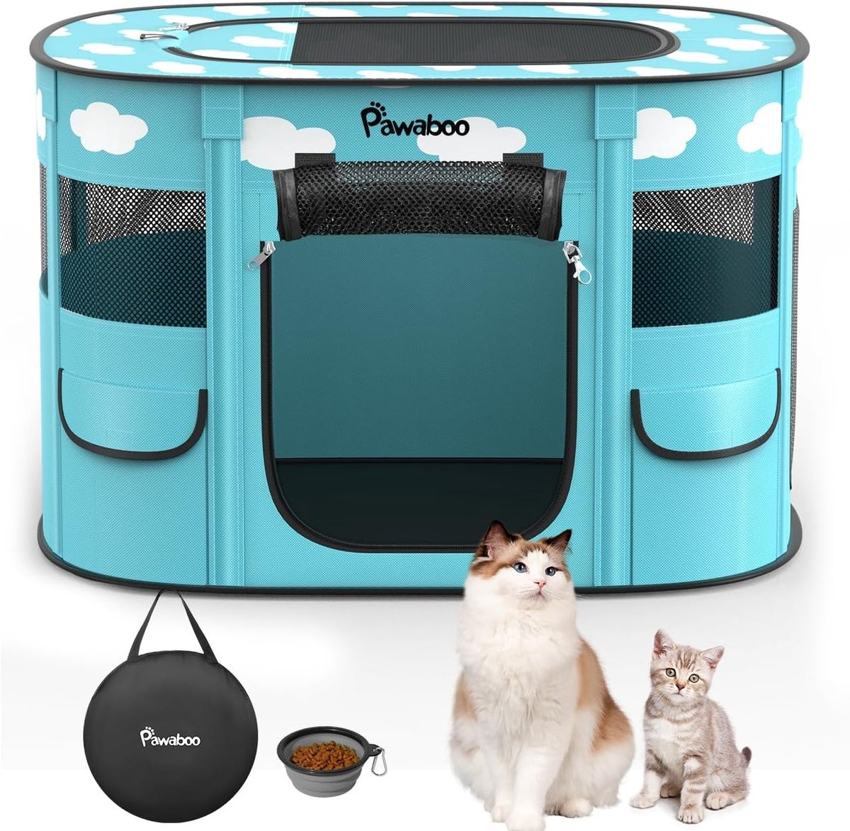 Draagbare Opvouwbare Huis voor Huisdieren met Waterdichte Oxford Stof en Reiszak - Ideaal voor Binnen en Buiten, Geschikt voor Honden en Katten, M Blauw met Witte Wolken