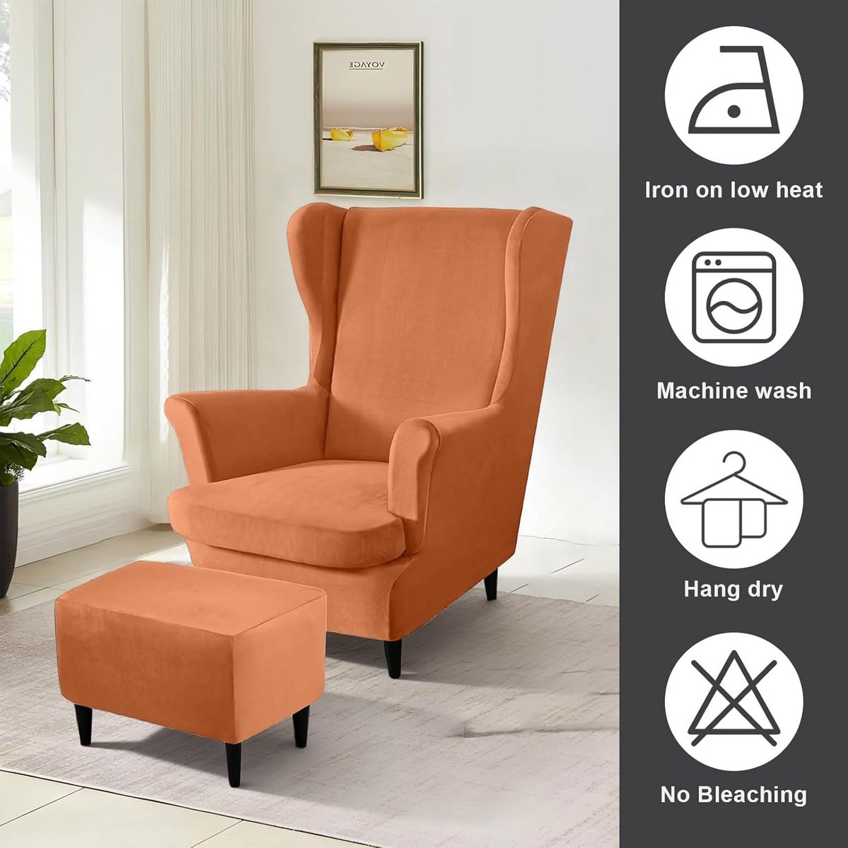 3-delige fluwelen stoelovertrek met voetenbankhoes, wasbare stretch hoes voor hoge rugleuningen in abrikoos oranje, perfect voor interieurstyling