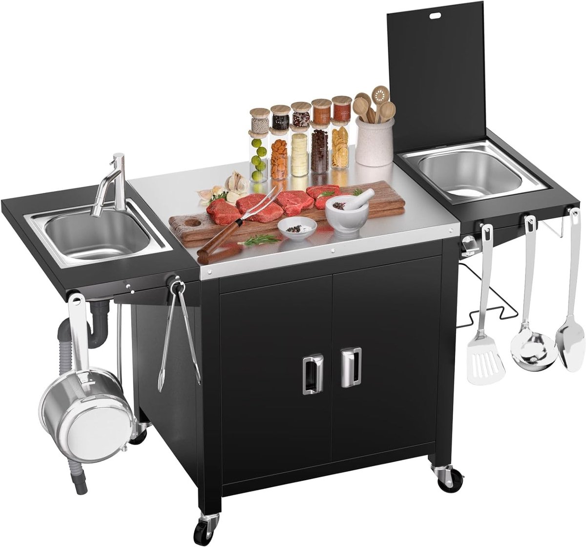 Grill Trolley voor Buiten, RVS Keuken Eiland met Opbergruimte, IJsbox en Gootsteen, Perfect voor BBQ en Buiten Koken, 155 cm
