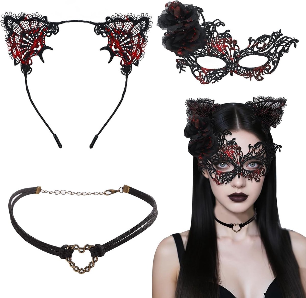 Complete Cat Costume Set met 3 Stukken: Zwart Katmasker, Oren en Choker voor Vrouwelijke Catwoman Look
