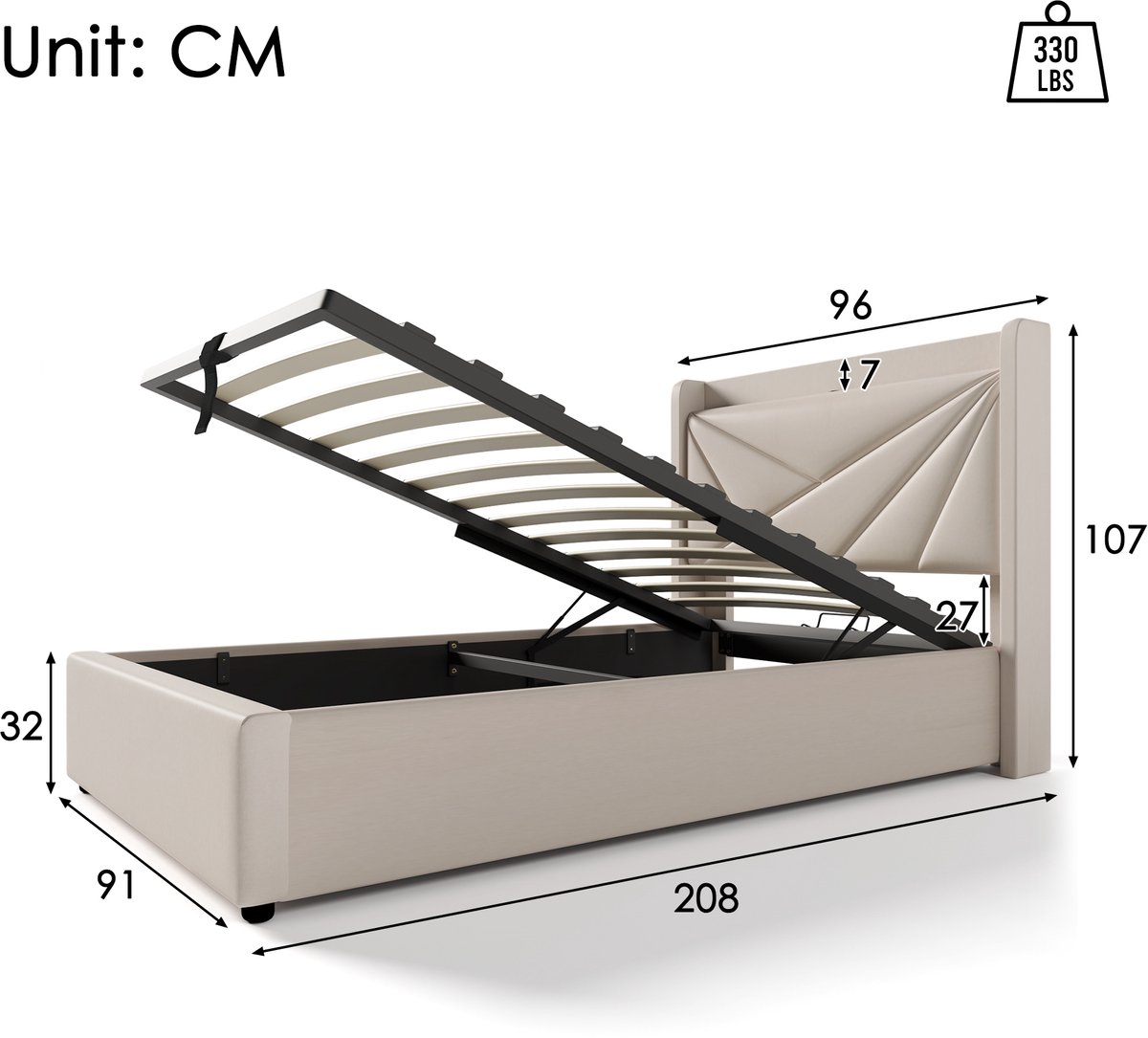 Polsterbed Eenpersoonsbed Stauraumbed 90x200 cm - USB Type-C Oplaadfunctie - Bettkasten - Met Lattenbodem - Linnen - Zonder Matras