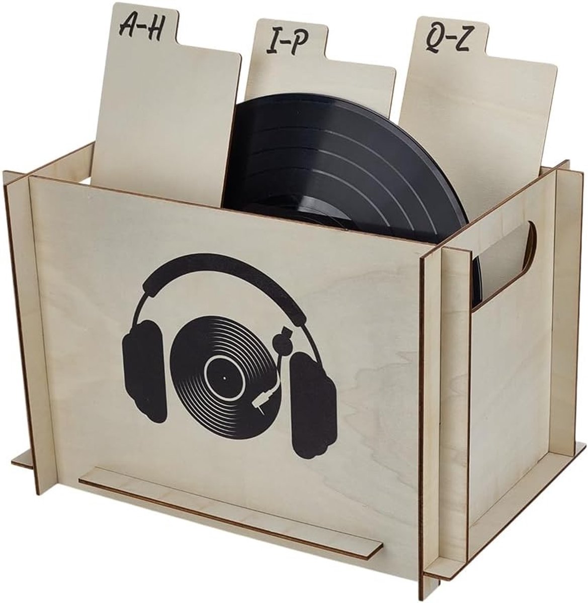 Vinyl Platenopslagdoos van Hout, 25.5 x 23.5 x 35 cm, Goud Rood, Met Geperforeerde Handvatten en Hoofdtelefoonprint, Ideaal voor Platenverzameling en Organisatie