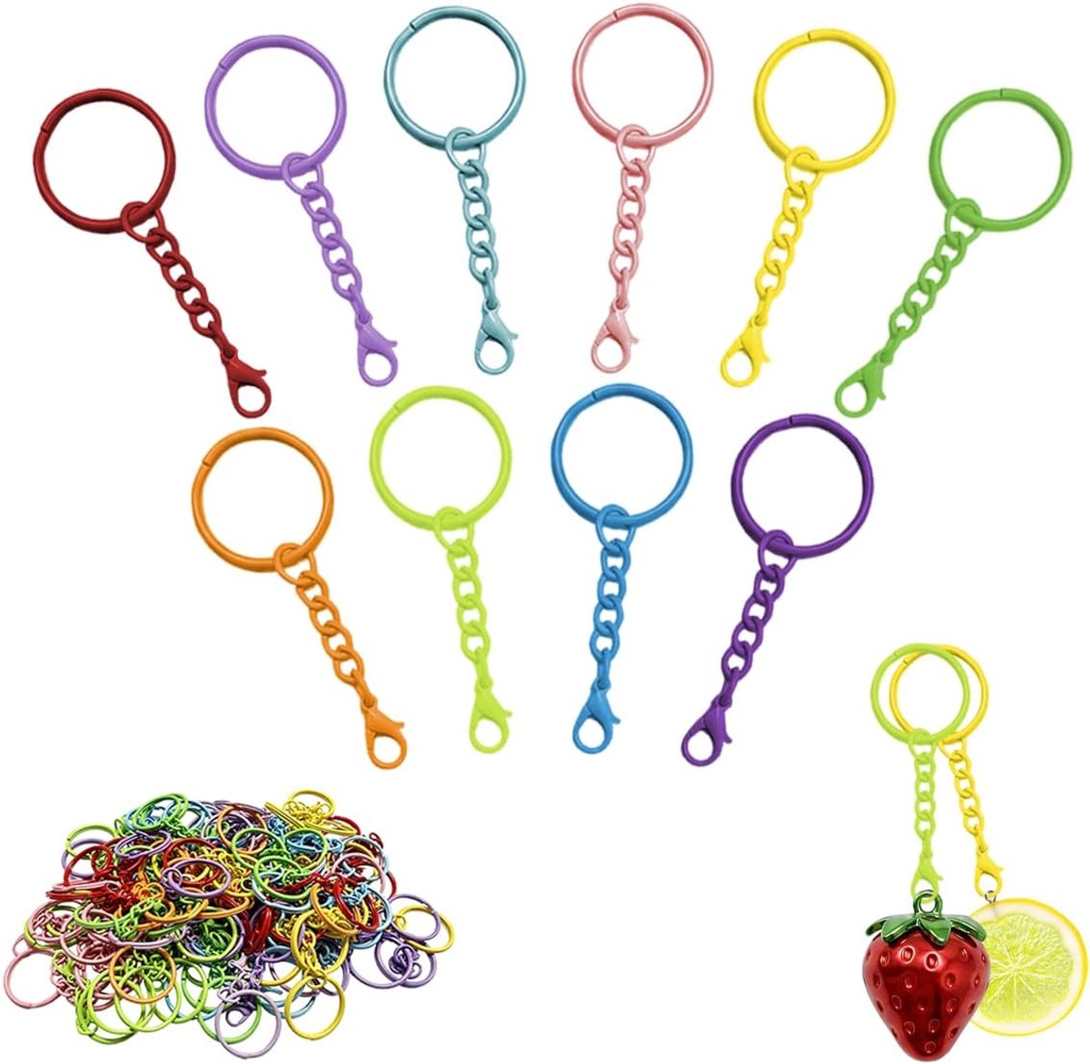 Thijox - 100 Kleurrijke Sleutelhanger Ringen met Ketting en Karabijnhaak - 25 mm - Perfect voor Knutselen, Hobbymateriaal, Rugzakken en Handtassen - 1